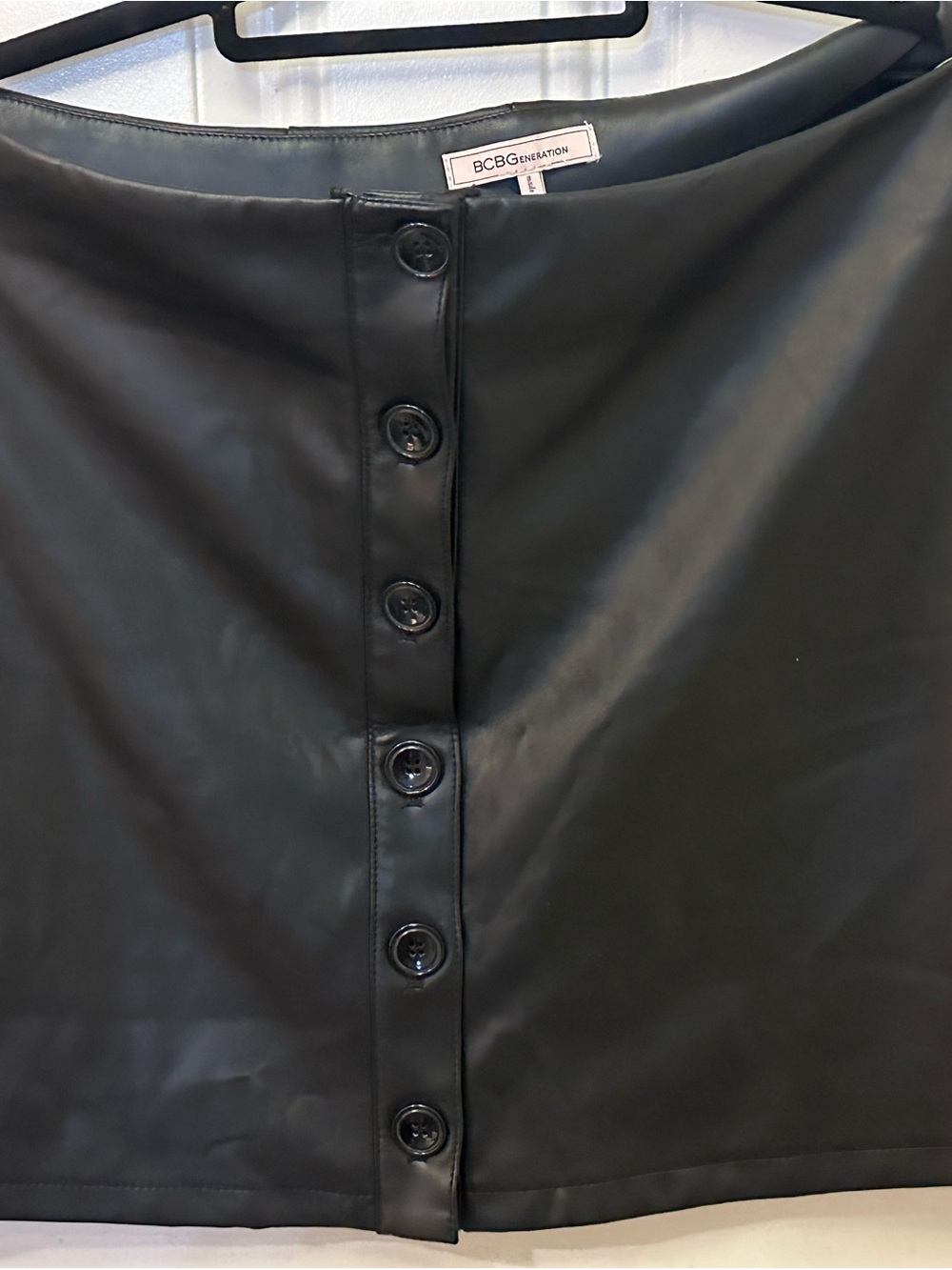 BCBG Generation Black Faux Leather Button Front Skirt goth punk size L Large